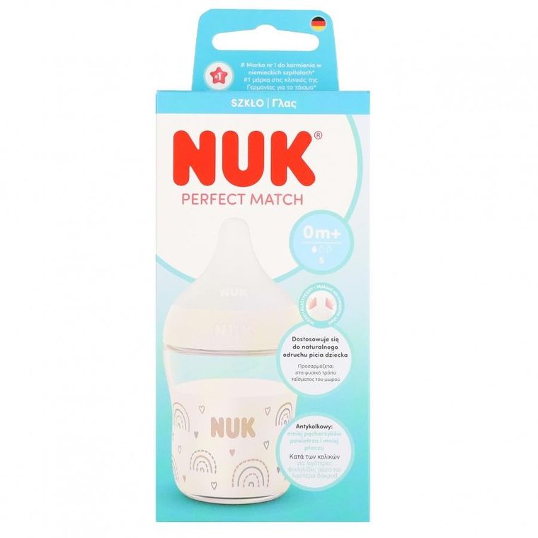 Nuk, Perfect Match, butelka szklana, rozmiar M, tęcza, 120 ml
