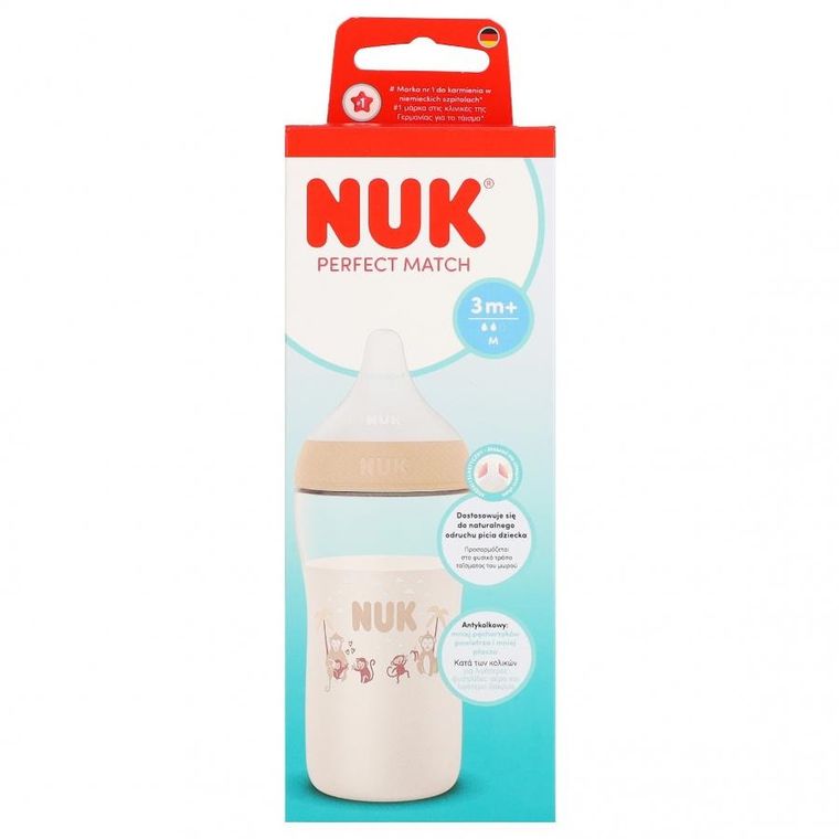 Nuk, Perfect Match, butelka z silikonowym smoczkiem, rozmiar M, małpka, 260 ml
