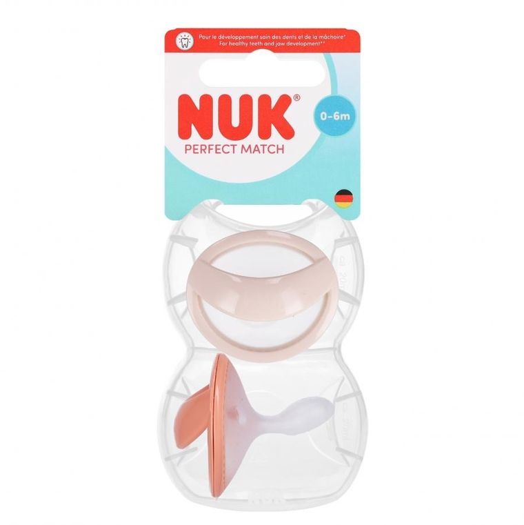 Nuk, Perfect Match, smoczek uspokajający, beżowy i czerwony, 0-6m, 2 szt.