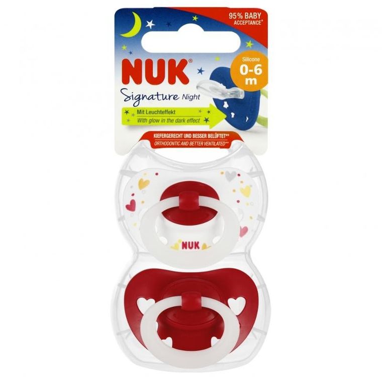 Nuk, Signature Night, smoczek uspokajający, silikonowy, 0-6m, czerwony, 2 szt.