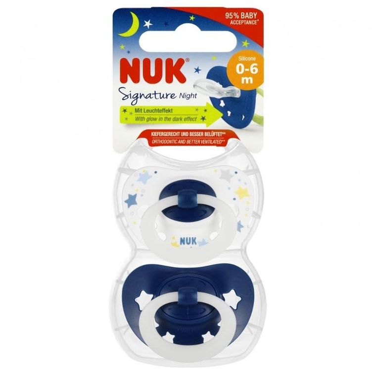 Nuk, Signature Night, smoczek uspokajający, silikonowy, 0-6m, niebieski, 2 szt.