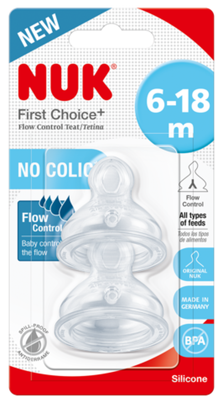 Nuk, smoczek do butelki, Flow Control, rozmiar M, silikon, 6-18m, 2 szt.
