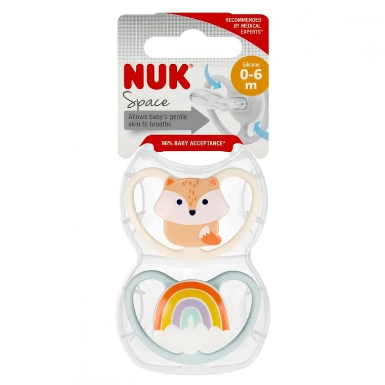 Nuk, Space, smoczek silikonowy, 0-6m, lisek, 2 szt.