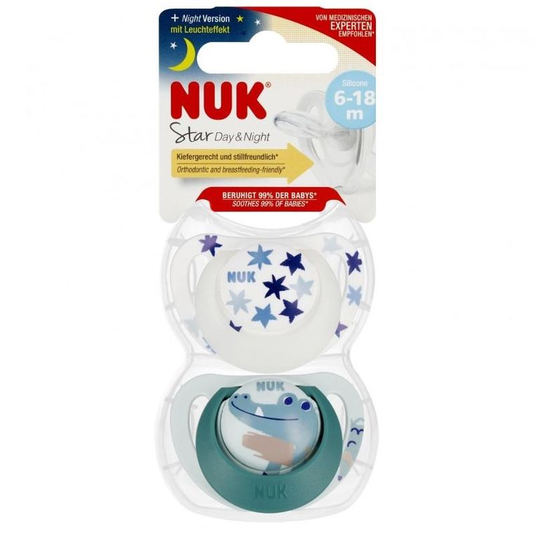 Nuk, Star, Day&Night, smoczek uspokajający, silikonowy, 6-18m, krokodyl, 2 szt.