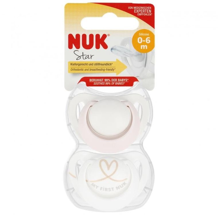 Nuk, Star, smoczek uspokajający, silikonowy, 0-6m, różowy, 2 szt.