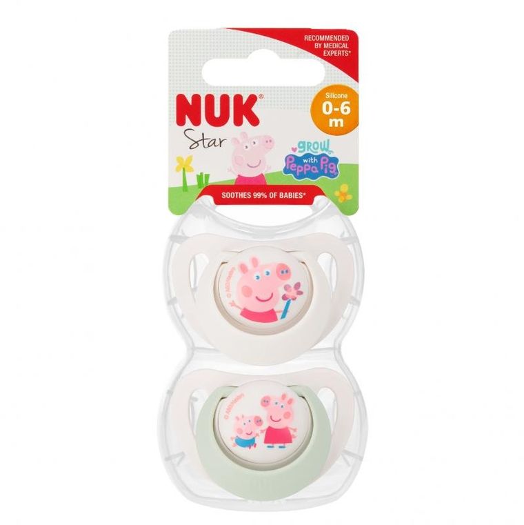 Nuk, Świnka Peppa, Star, smoczek uspokajający, silikonowy, 0-6m, 2 szt.