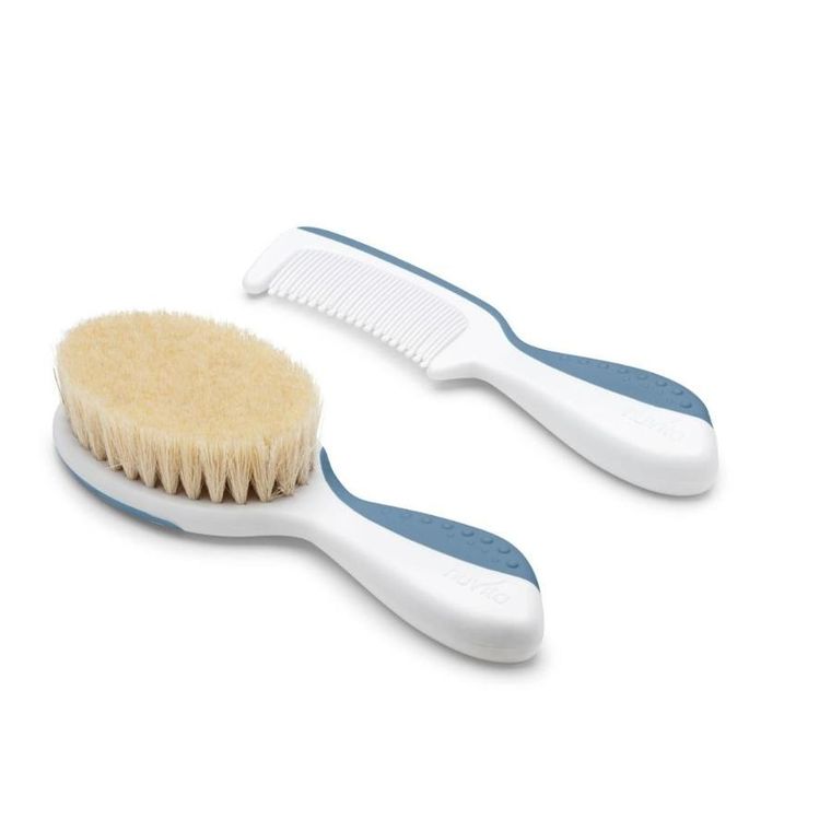 Nuvita, zestaw na ciemieniuchę: szczotka i grzebień, naturalne włosie, powder blue