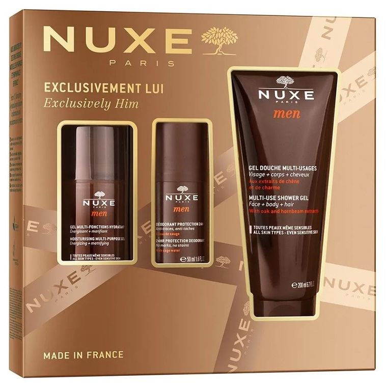 Nuxe, Exclusively Him, zestaw: wielofunkcyjny żel nawilżający do twarzy, 50 ml + dezodorant roll-on 24-godzinna ochrona, 50 ml + wielofunkcyjny żel pod prysznic, 200 ml