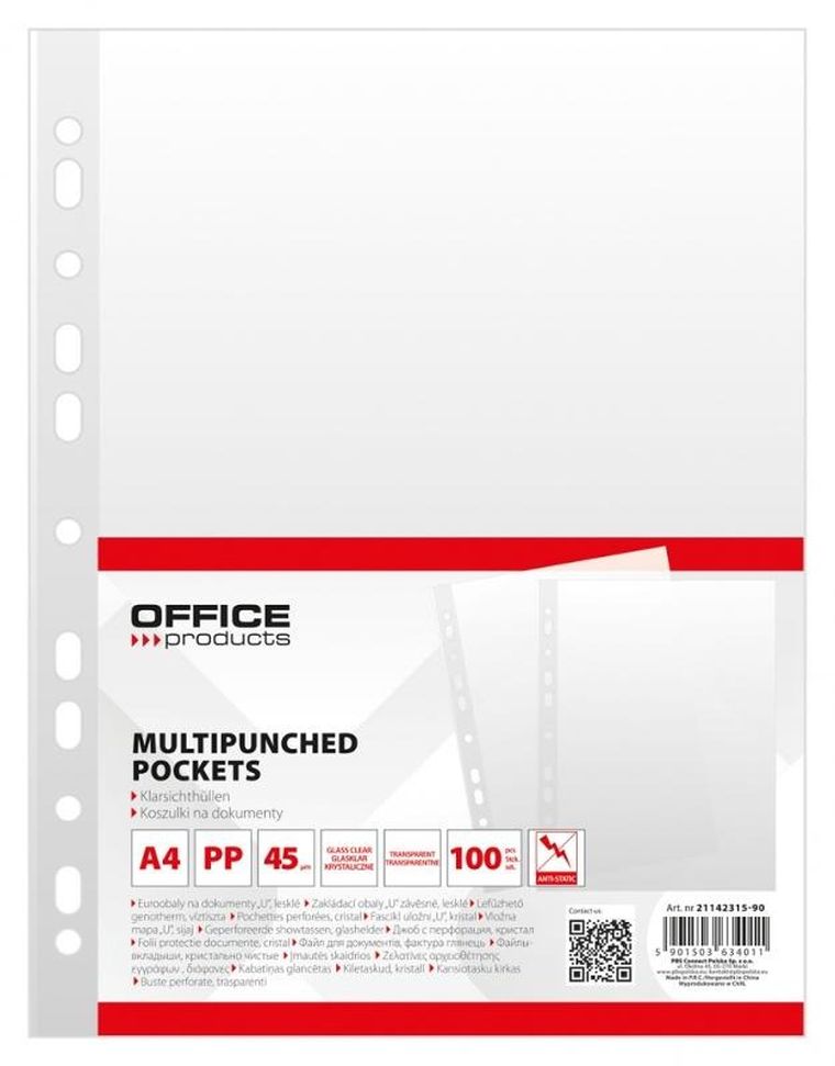 Office Products, koszulki na dokumenty A4, PP krystal, 45 mikr, 100 szt.