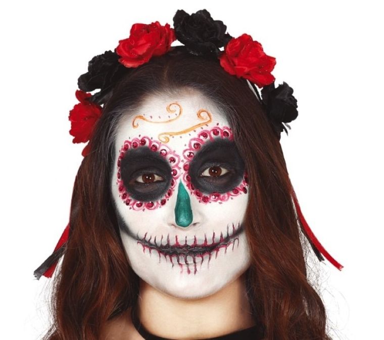 Opaska, Halloween, Meksykańska, czarno-czerwona z kwiatami