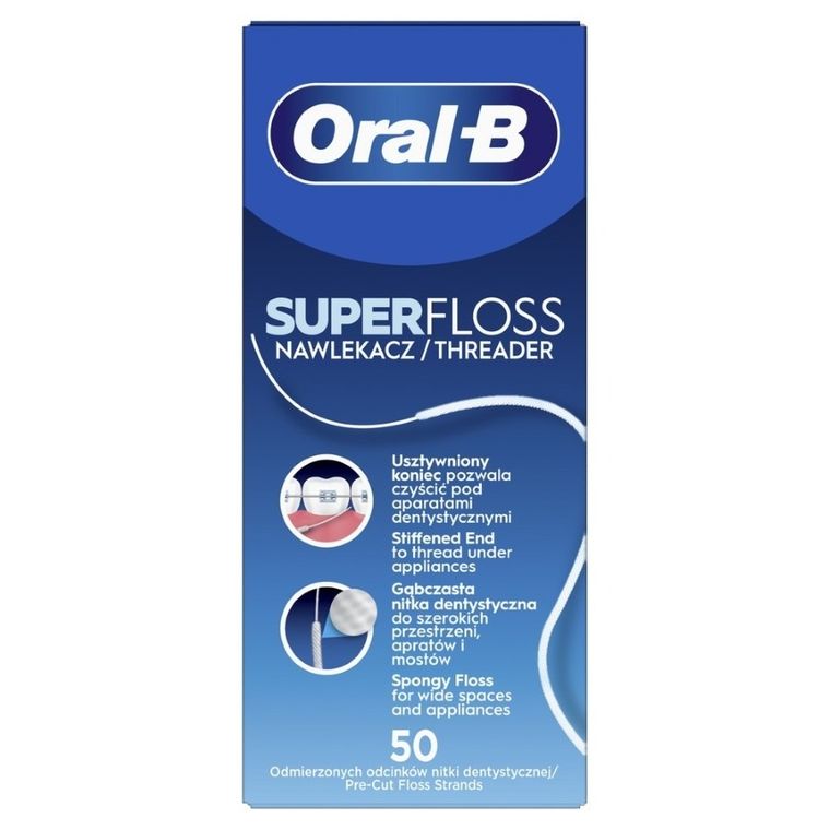 Oral-B, SuperFloss Mint, nić do czyszczenia aparatów ortodontycznych, mostów, 60 cm, 50 szt.