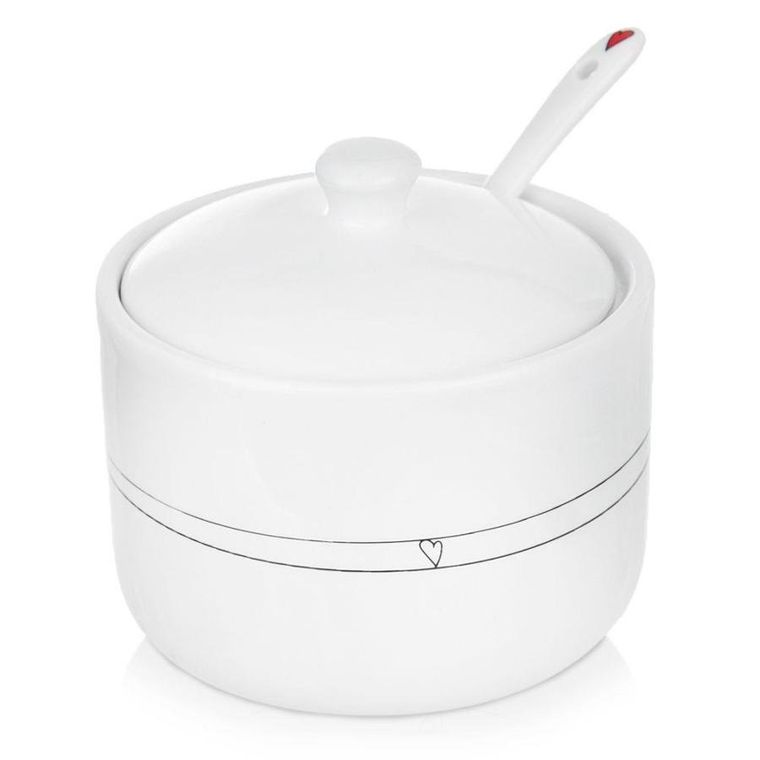 Orion, cukierniczka z łyżeczką i pokrywką, ceramiczna biała, serduszka