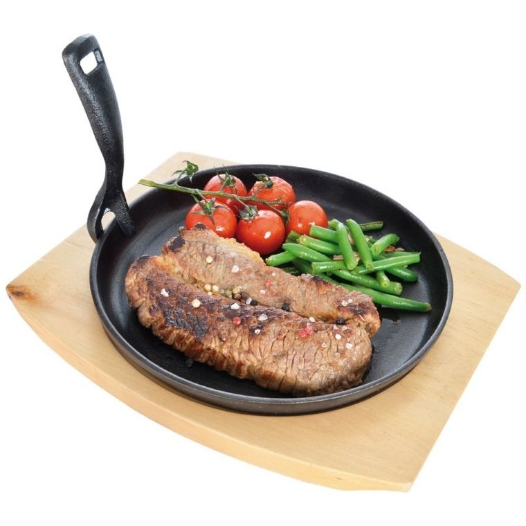 Orion, patelnia żeliwna, talerz żeliwny z deską, 22 cm