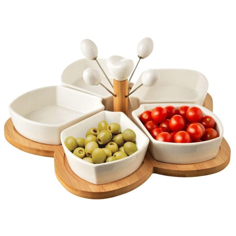 Orion, porcelanowe miseczki na przekąski, białe na tacy, 28.5 cm, 10 elementów