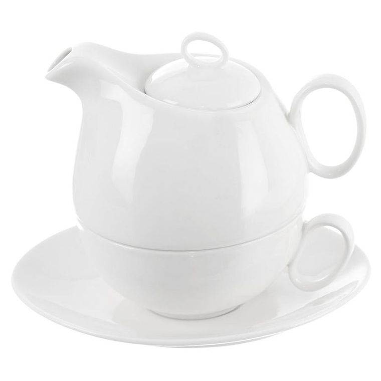 Orion, porcelanowy dzbanek z filiżanką do herbaty, biały, Mona, 3 elementy