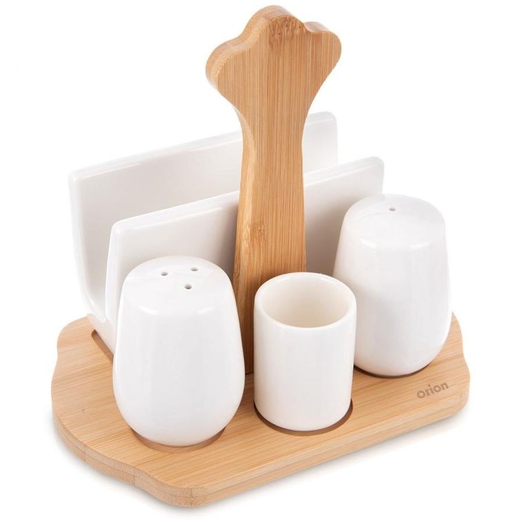 Orion, Whiteline, solniczka i pieprzniczka, porcelanowa, ze stojakiem i serwetnikiem, 5 elementów