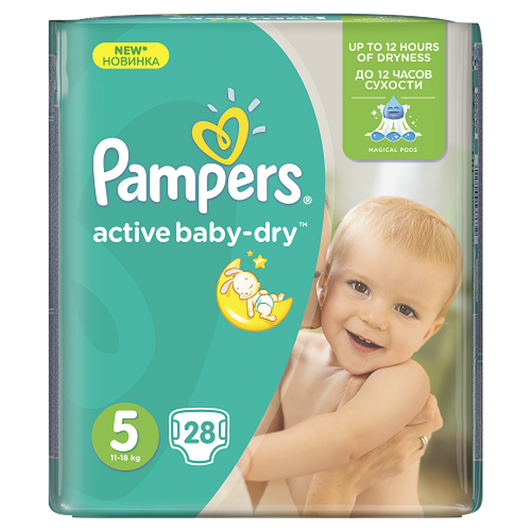 Pampers, Active Baby-Dry, pieluchy jednorazowe, rozmiar 5, Junior, 28 szt.