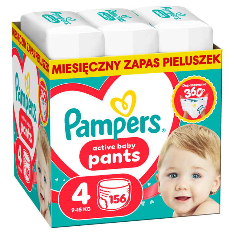 Pampers, Active Baby, pieluchomajtki, rozmiar 4, 9-15 kg, 156 szt.