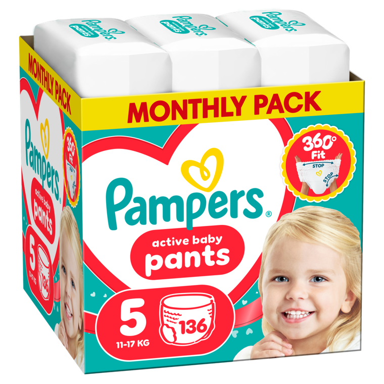 Pampers, Active Baby, pieluchomajtki, rozmiar 5, 11-17 kg, 136 szt.