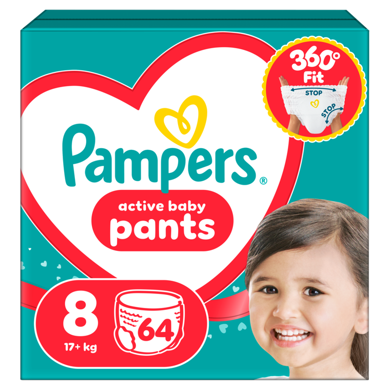 Pampers, Active Baby, pieluchomajtki, rozmiar 8, 17+ kg, 64 szt.