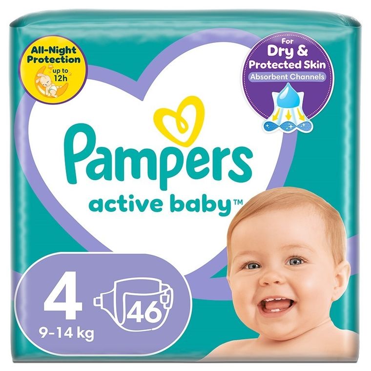 Pampers, Active Baby, pieluchy jednorazowe, rozmiar 4, 9-14 kg, 46 szt.