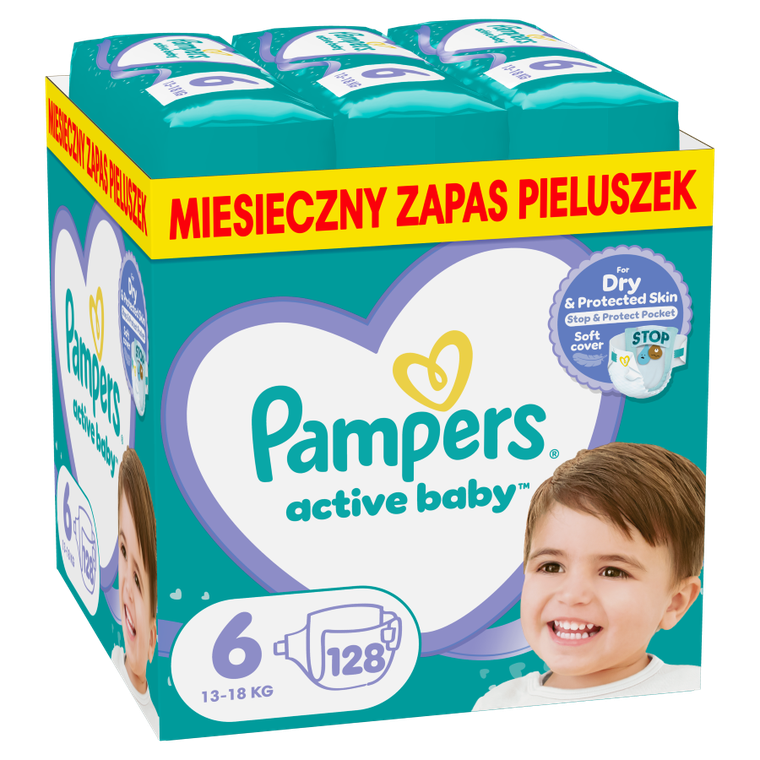 Pampers, Active Baby, pieluchy jednorazowe, rozmiar 6, 13-18 kg, 128 szt.