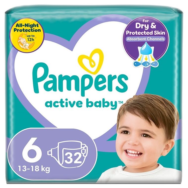 Pampers, Active Baby, pieluchy jednorazowe, rozmiar 6, 13-18 kg, 32 szt.