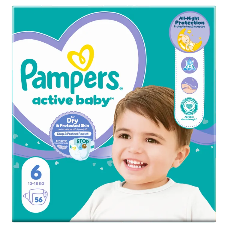 Pampers, Active Baby, pieluchy jednorazowe, rozmiar 6, 13-18 kg, 56 szt.