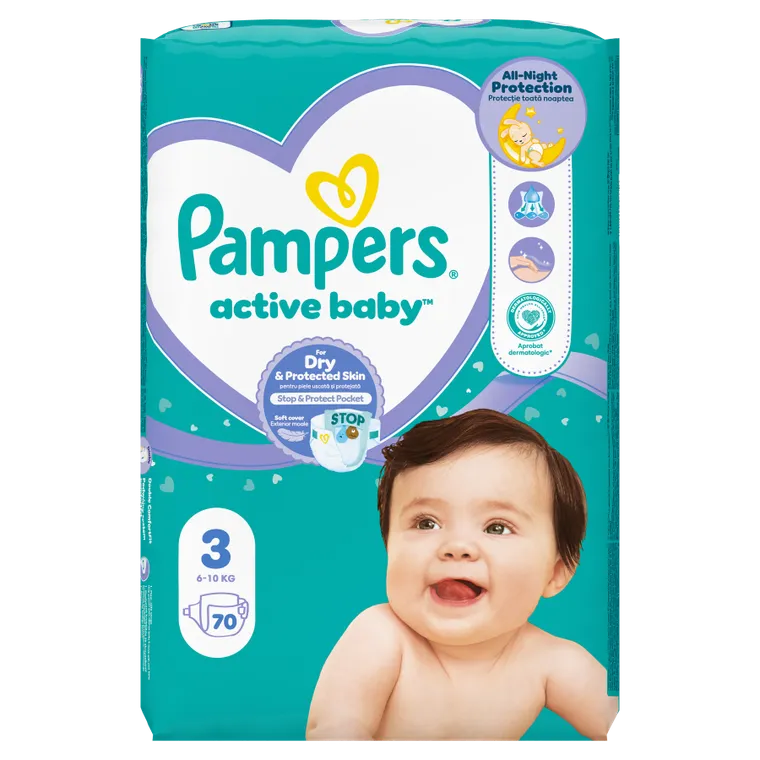 Pampers, Active Baby, pieluszki, rozmiar 3, 6-10 kg, 70 szt.