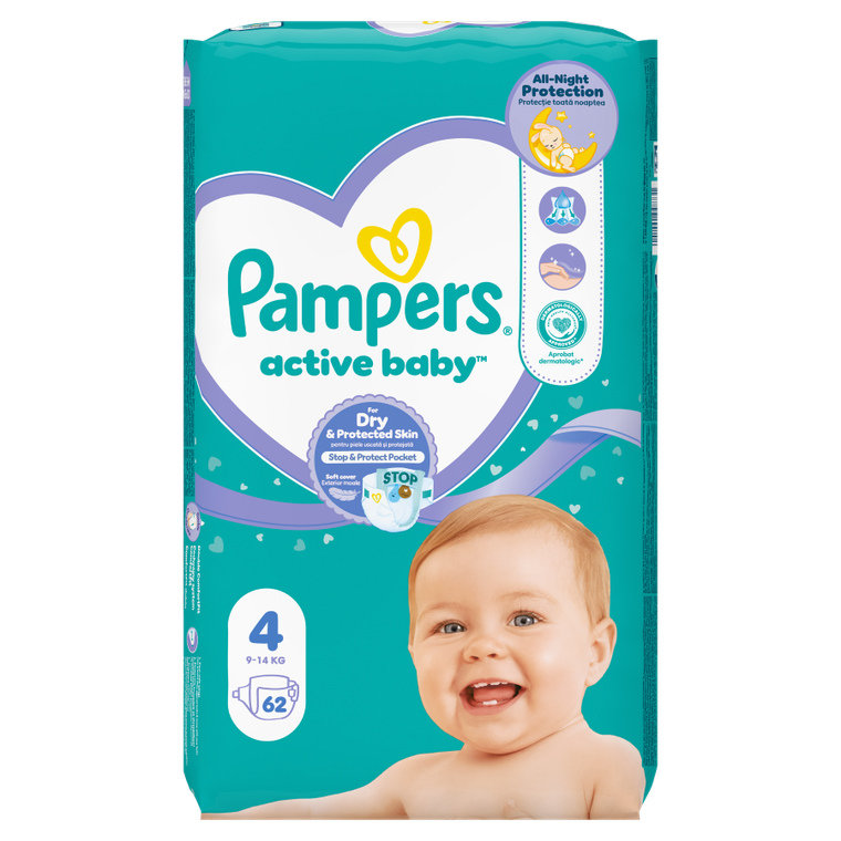Pampers, Active Baby, pieluszki, rozmiar 4, 9-14 kg, 62 szt.