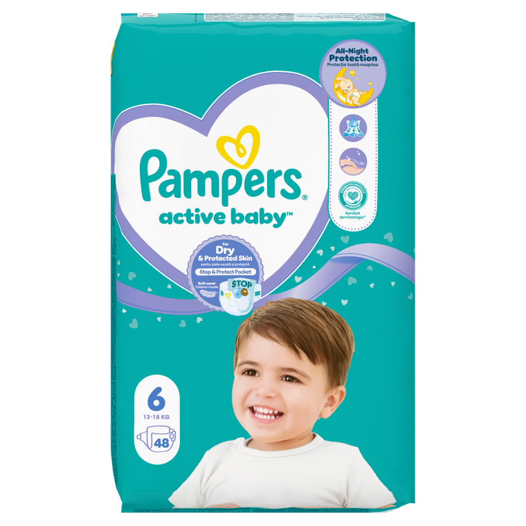 Pampers, Active Baby, pieluszki, rozmiar 6, 13-18 kg, 48 szt.