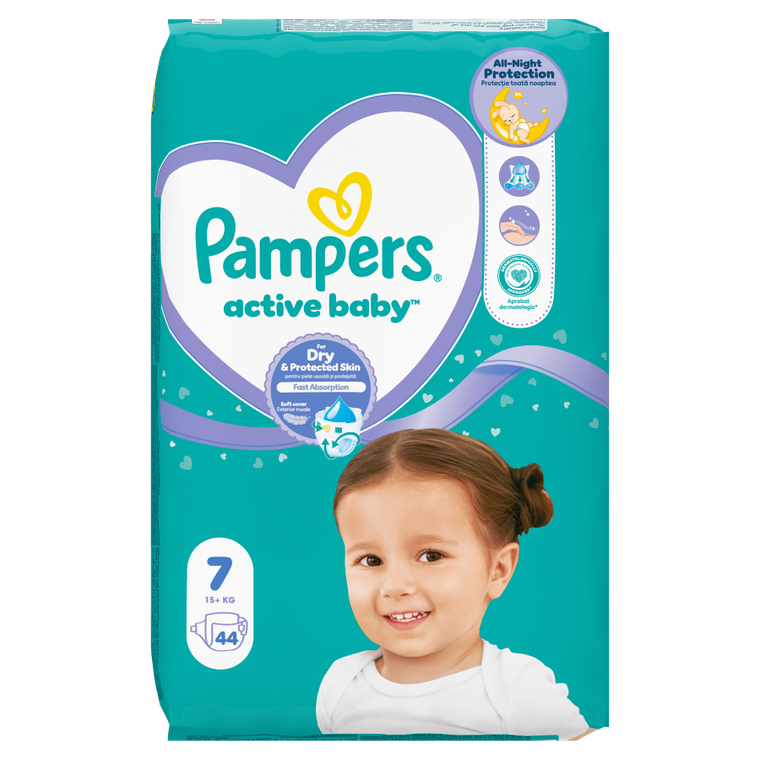 Pampers, Active Baby, pieluszki, rozmiar 7, 15 kg+, 44 szt.