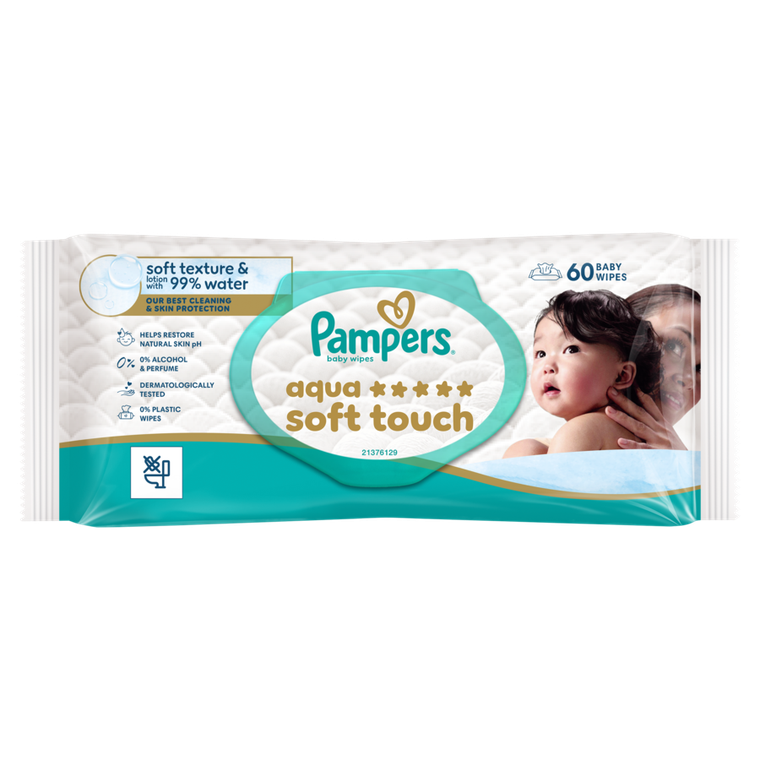 Pampers, Aqua Soft Touch, chusteczki nawilżane dla dzieci, 1-60 szt.
