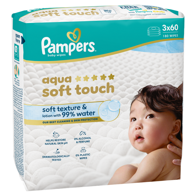 Pampers, Aqua Soft Touch, chusteczki nawilżane dla dzieci, 3-60 szt.