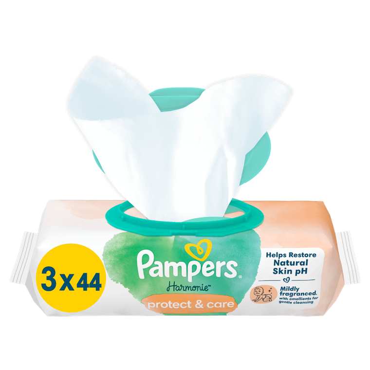 Pampers, Harmonie Protect & Care, chusteczki nawilżane dla dzieci, 3-pack, 132 szt.