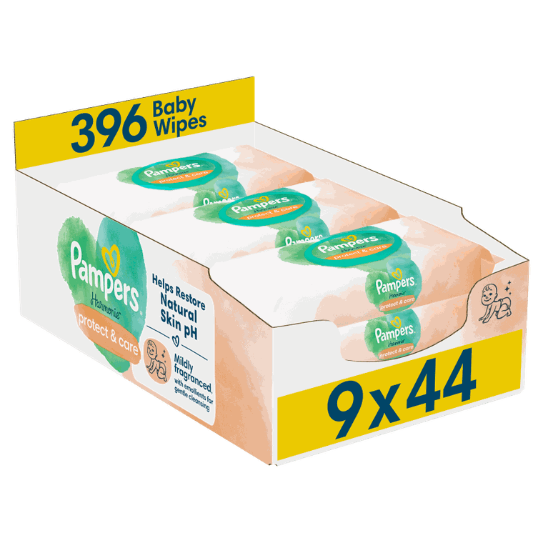 Pampers, Harmonie Protect & Care, chusteczki nawilżane dla dzieci, 9-pack, 396 szt.