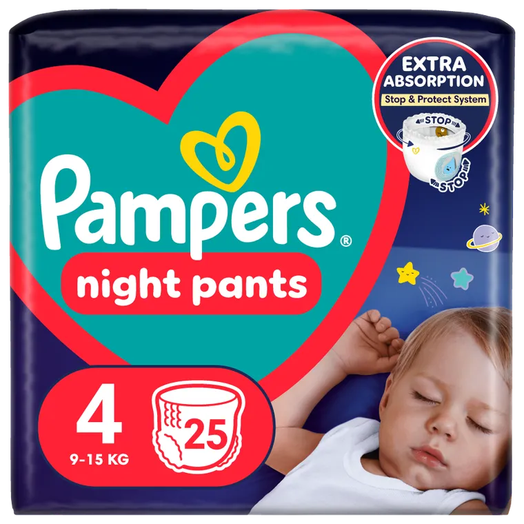 Pampers, Night Pants, pieluchomajtki, rozmiar 4, 9-15 kg, 25 szt.