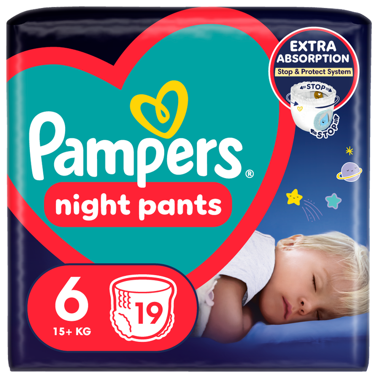 Pampers, Night Pants, pieluchomajtki, rozmiar 6, 15 kg+, 19 szt.