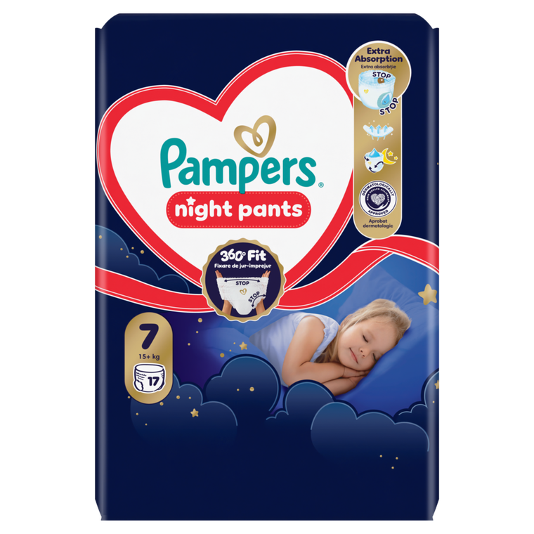 Pampers, Night, pieluchomajtki, rozmiar 7, 15kg+, 17 szt.