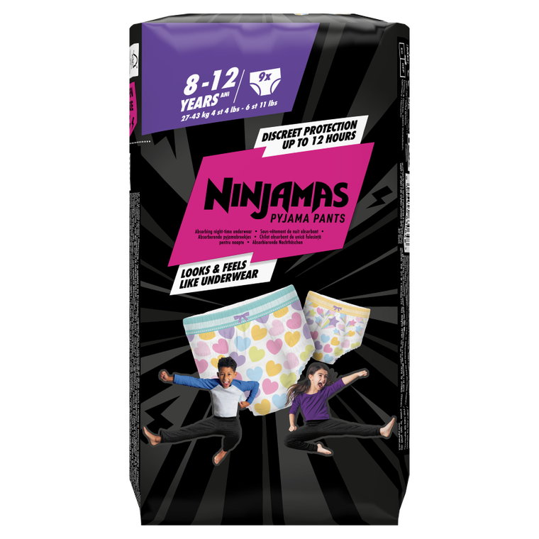 Pampers, Ninjamas, Serduszka, chłonna bielizna na noc, rozmiar 8-12 lat, 27-43 kg, 9 szt.