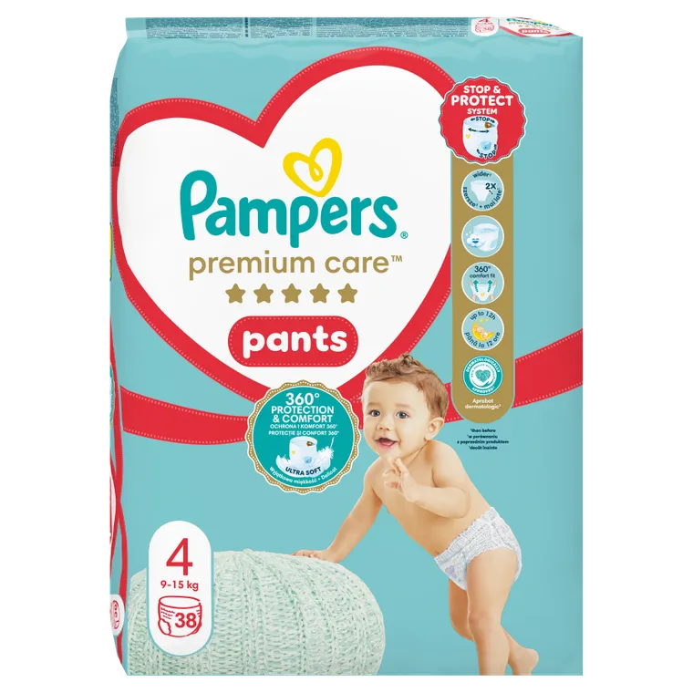Pampers, Premium Care, pieluchomajtki, rozmiar 4, 9-15 kg, 38 szt.
