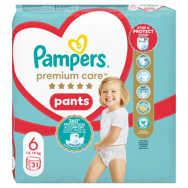 Pampers, Premium Care, pieluchomajtki, rozmiar 6, 13-19 kg, 31 szt.