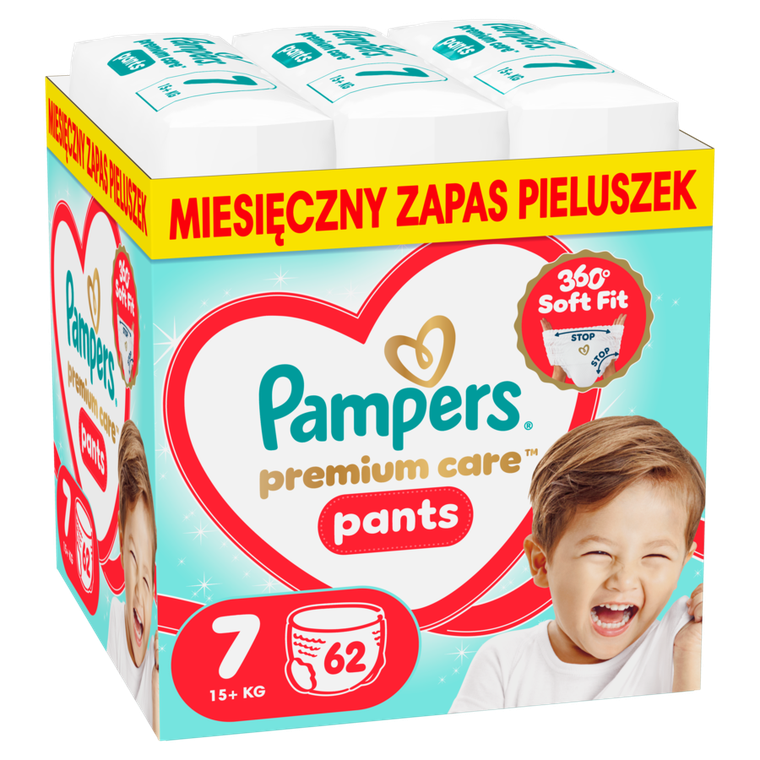 Pampers, Premium Care, pieluchomajtki, rozmiar 7, 15kg+, 62 szt.