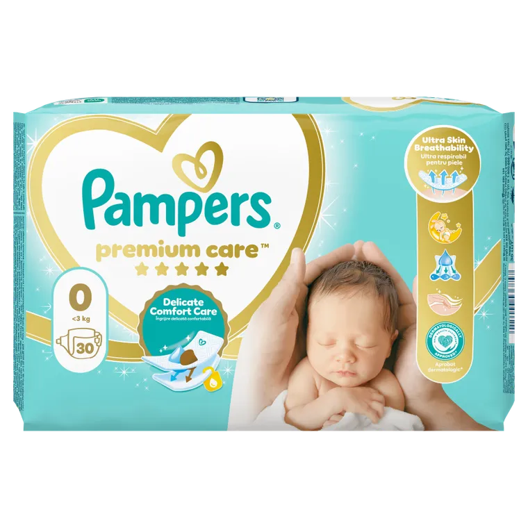 Pampers, Premium Care, pieluchy jednorazowe, rozmiar 0, do 3 kg, 30 szt.