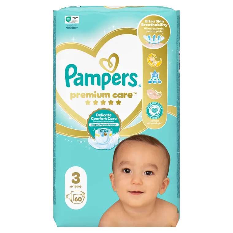 Pampers, Premium Care, pieluchy jednorazowe, rozmiar 3, 6-10 kg, 60 szt.