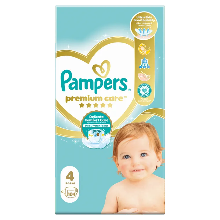 Pampers, Premium Care, pieluchy jednorazowe, rozmiar 4, 9-14 kg, 104 szt.