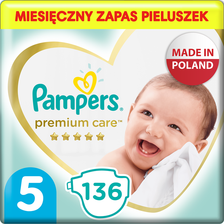 Pampers, Premium Care, pieluchy jednorazowe, rozmiar 5, 11-16 kg, 136 szt.