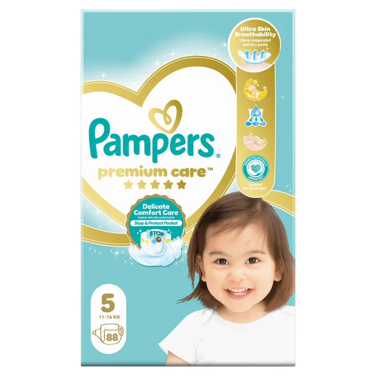 Pampers, Premium Care, pieluchy jednorazowe, rozmiar 5, 11-16 kg, 88 szt.