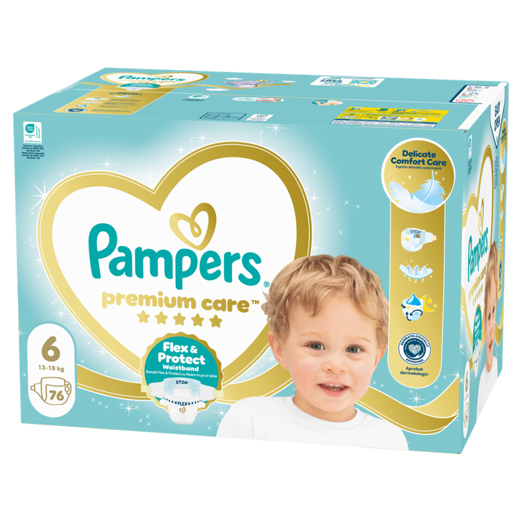 Pampers, Premium Care, pieluchy jednorazowe, rozmiar 6, 13-18kg, 76 szt.