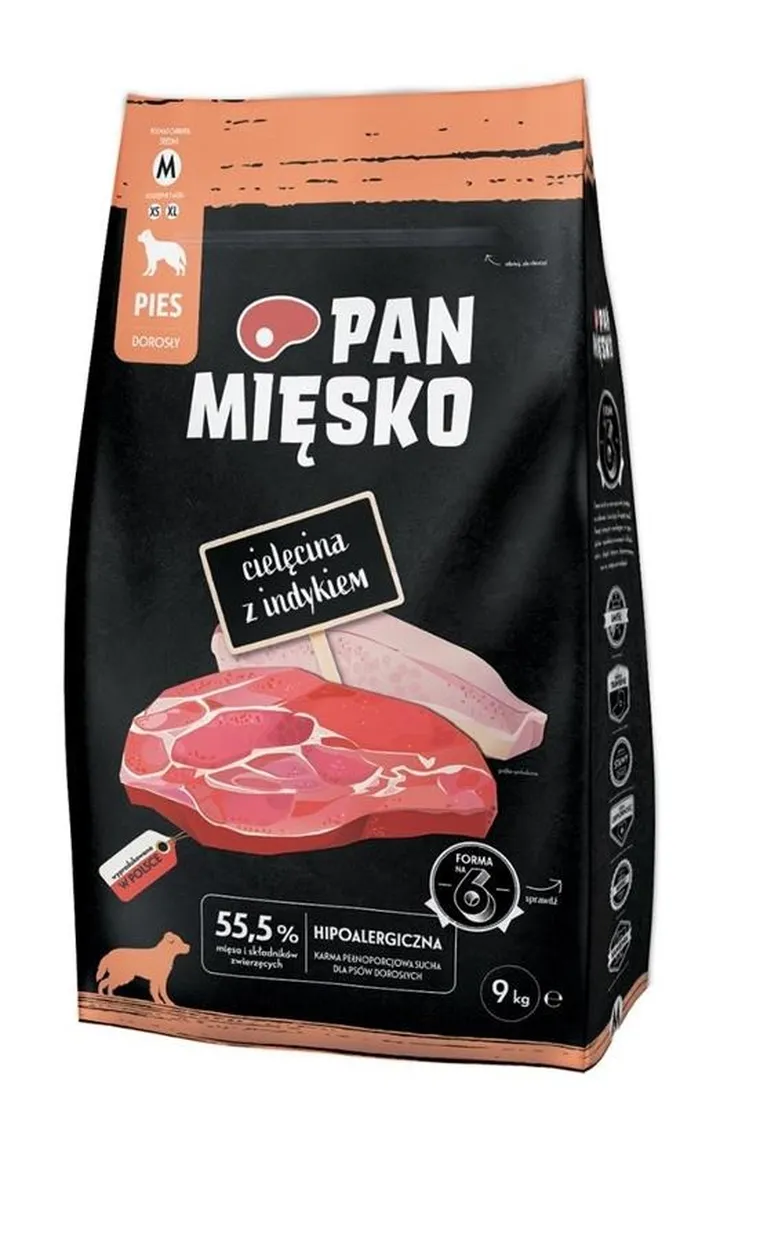 Pan Mięsko, cielęcina z indykiem, dorosły, chrupki m, karma sucha dla psa, 9 kg